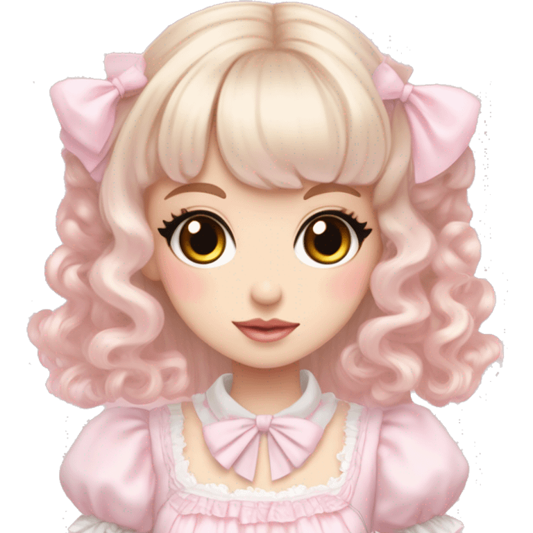 pale girl , who has curly medium length blonde and baby pink swirled hair with bangs , grey eyes , and doll like makeup , in a light pink lolita hime gyaru dress  emoji