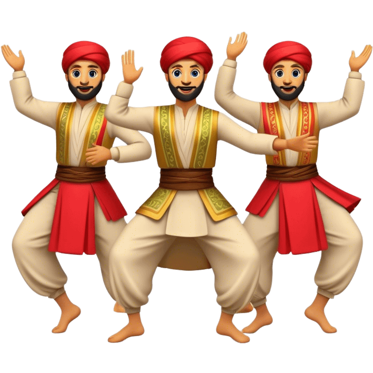 Cinematic Realistic Dabke Dance Emoji, depicted as an energetic traditional Lebanese folk dance with vibrant costumes and rhythmic movements, rendered with dynamic textures and festive natural lighting that captures its communal joy. emoji