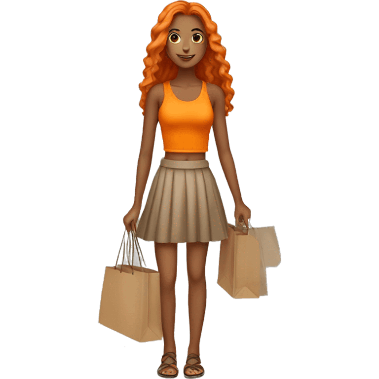 Tan girl with long orange hair wearing a skirt and crop top outfit holding shopping bags emoji