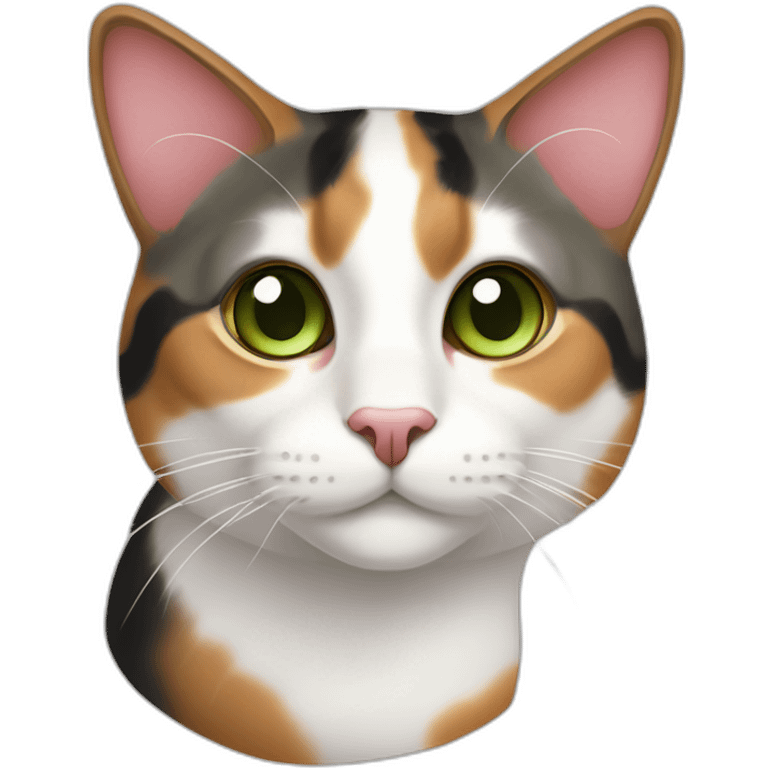 young striped calico cat face with a pink nose, white chin, green eyes, and orange/brown markings emoji