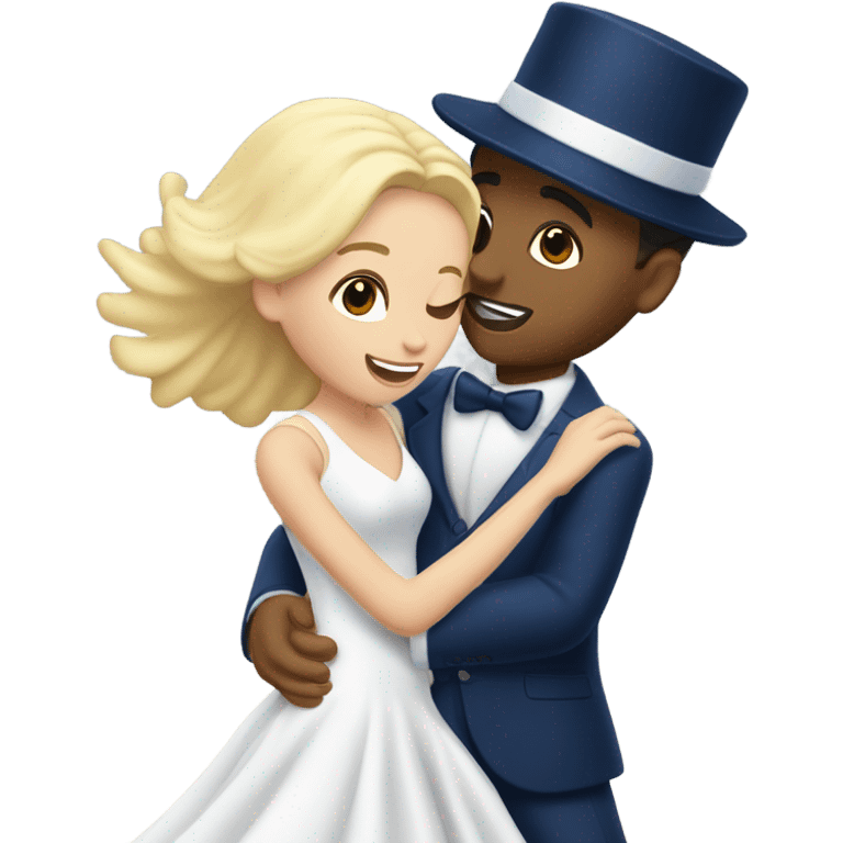 Puerto rican beard short hair with blue hat and navy blue suit first dance with blond long hair girl with white  wedding dress  emoji