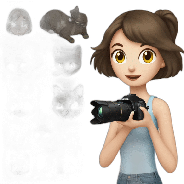 Brunette Girl photographing her white cat emoji