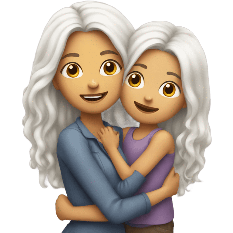 mum with straight long White hair and daughter with long curly brown hair hugging emoji