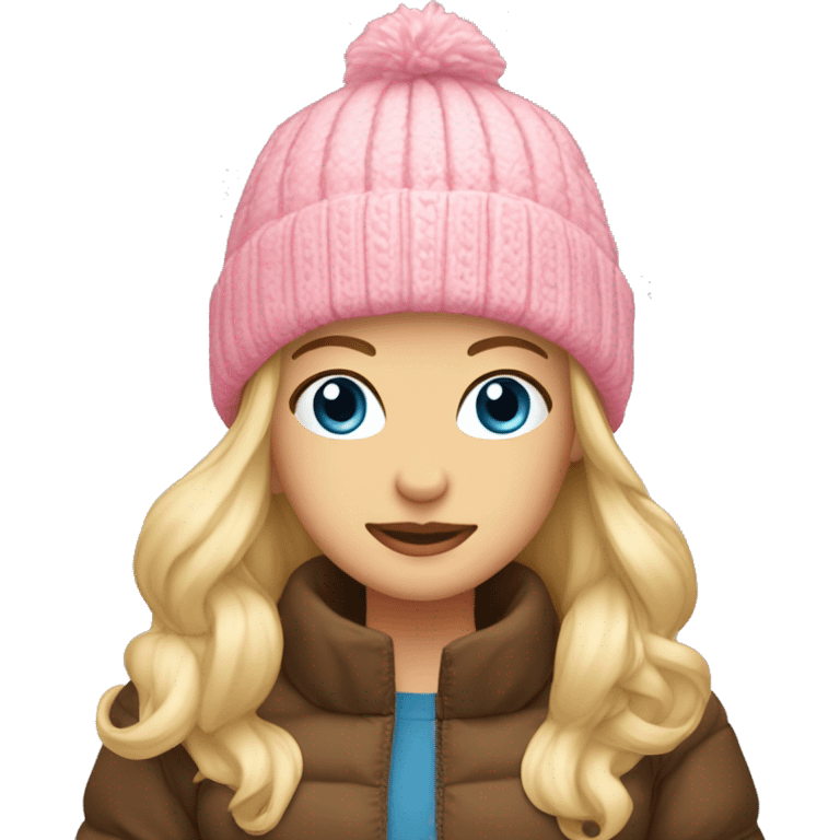 Blond girl blue eyes brown puffer jacket pink nitted beanie  emoji