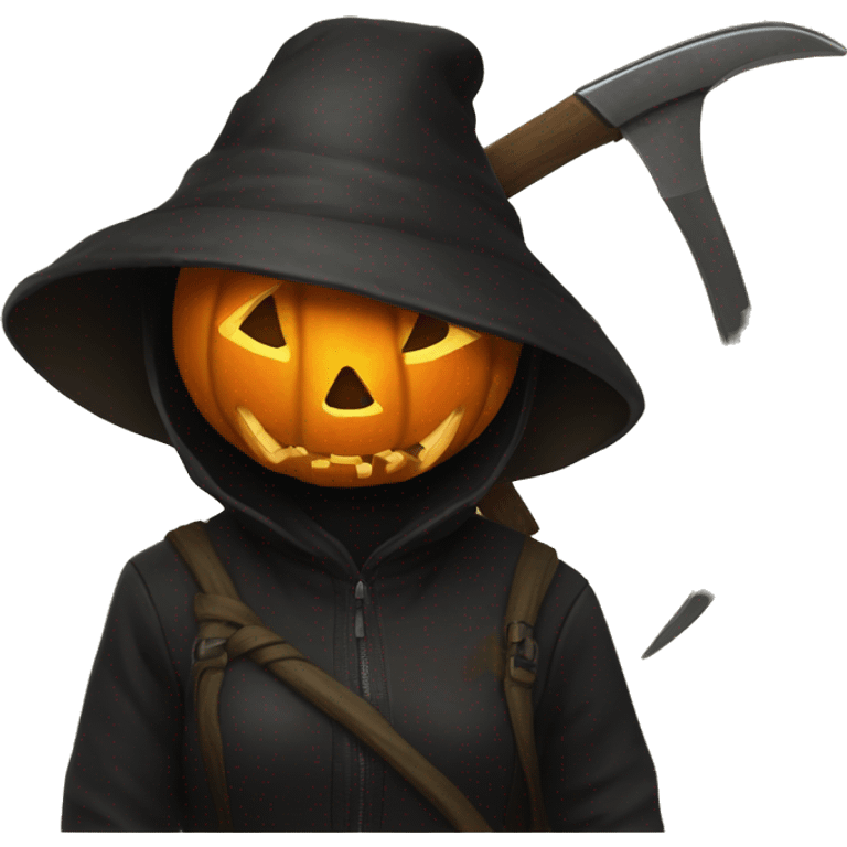 Human female pumpkin hunter with a scythe, glowing pumpkin eyes inside a black helmet, Halloween theme, emoji" emoji