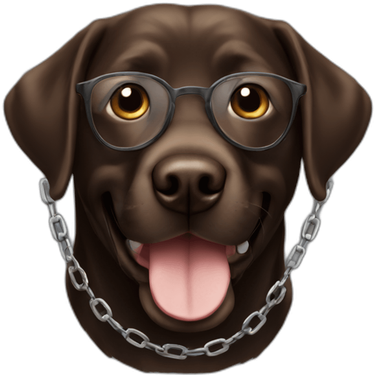 dark brown labrador, smiling, with glasses, a chain with "Sam" emoji