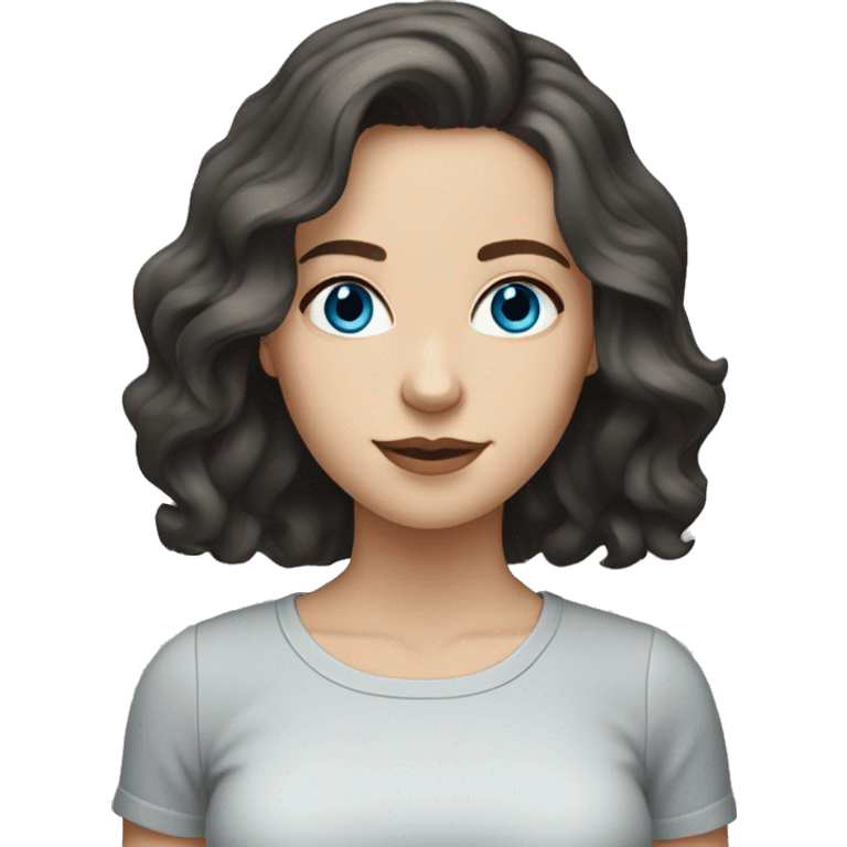 Brunette white girl with blue-grey eyes and medium length wavy hair in a black shirt emoji