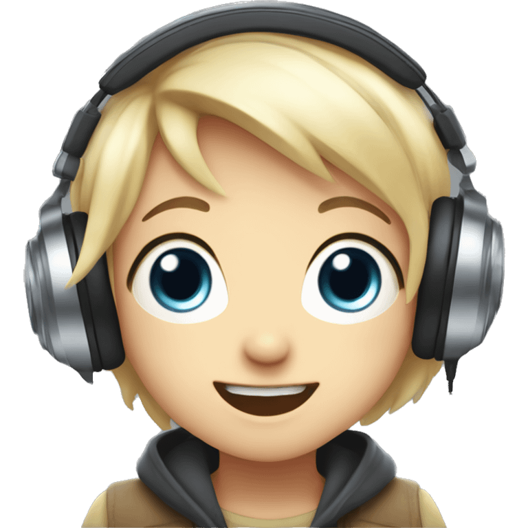 A cute anime-style character with large sparkling eyes, wearing headphones. The character has a wide, open-mouth grin, showing intense excitement as they listen to an audiobook. emoji