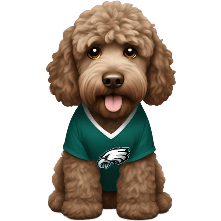 brown Labradoodle wearing a Philadelphia eagles shirt emoji