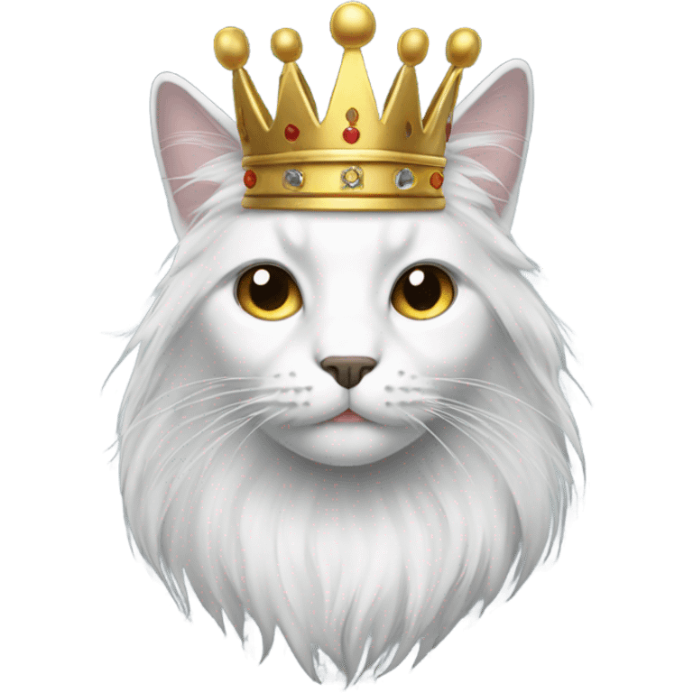 Long grey and white hair cat with crown emoji