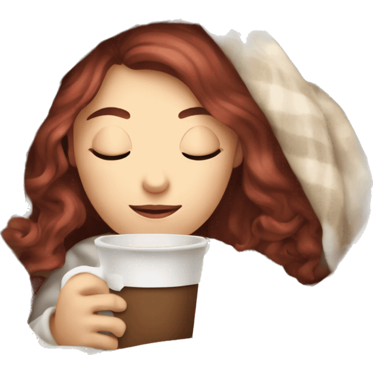 pale burgundy haired girl inside a blanket sipping coffee eyes closed emoji