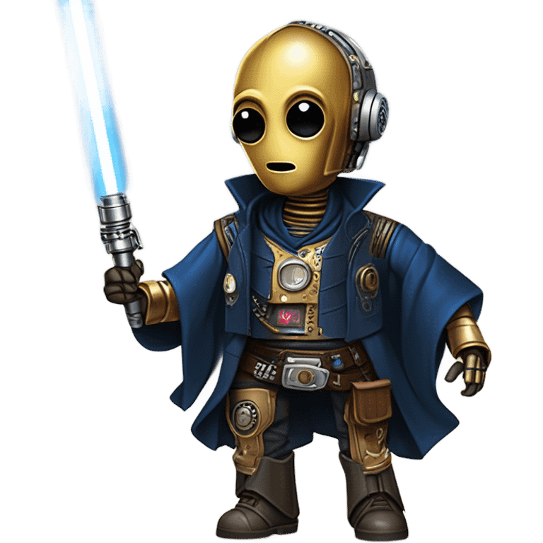 darkblue-pearl friendly smiling bounty hunter c3po droid wearing leather wild west duster, backpack, saddlebags holding light saber ready to fight but relaxed. steampunk emoji