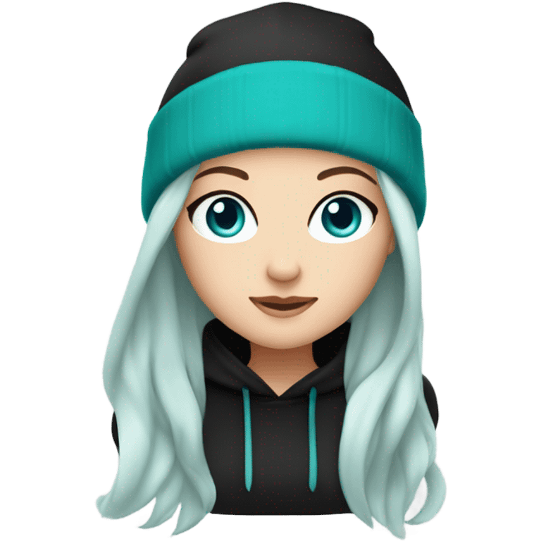 White girl, black hoodie, long teal hair, purple beanie hat, blue eyes emoji