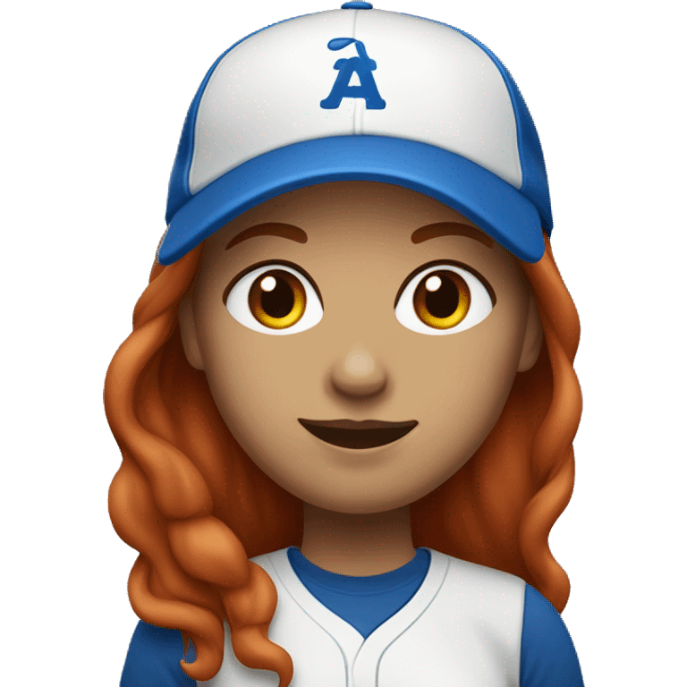 front facing standing female coach with long red hair, wearing a white t-shirt and a simple baseball blue hat emoji