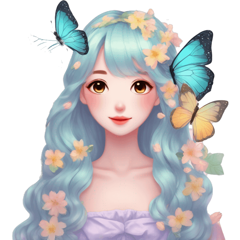 Gorgeous Shiny Pastel Anime-Style Lady Butterflies flower petals leaves around cottage core pastelcore kawaii aesthetic trending style emoji