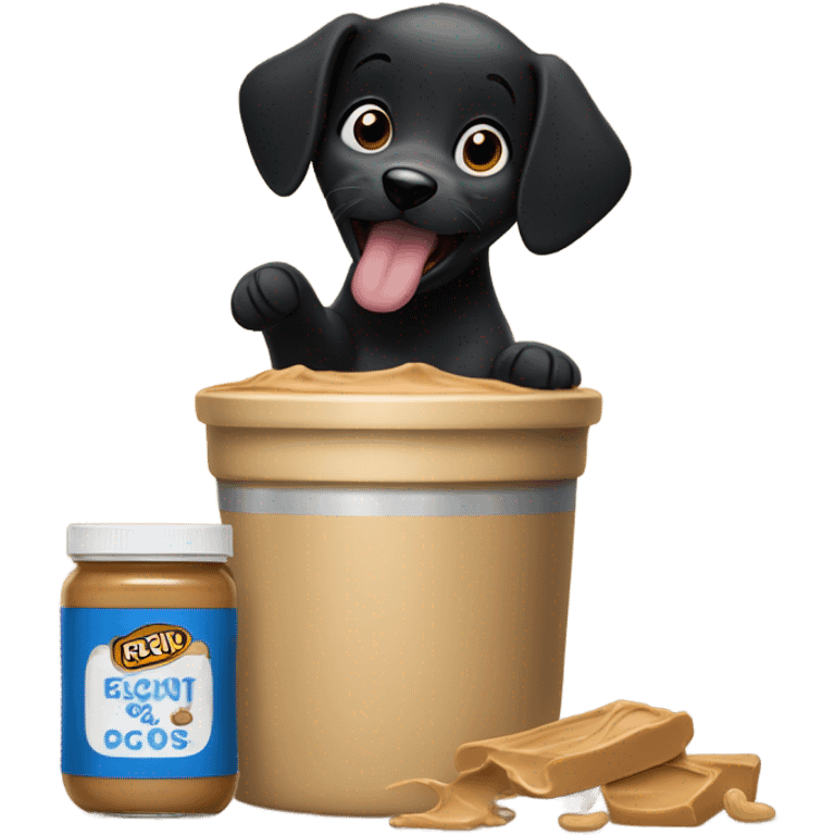 Black puppy eating a container of peanut butter emoji