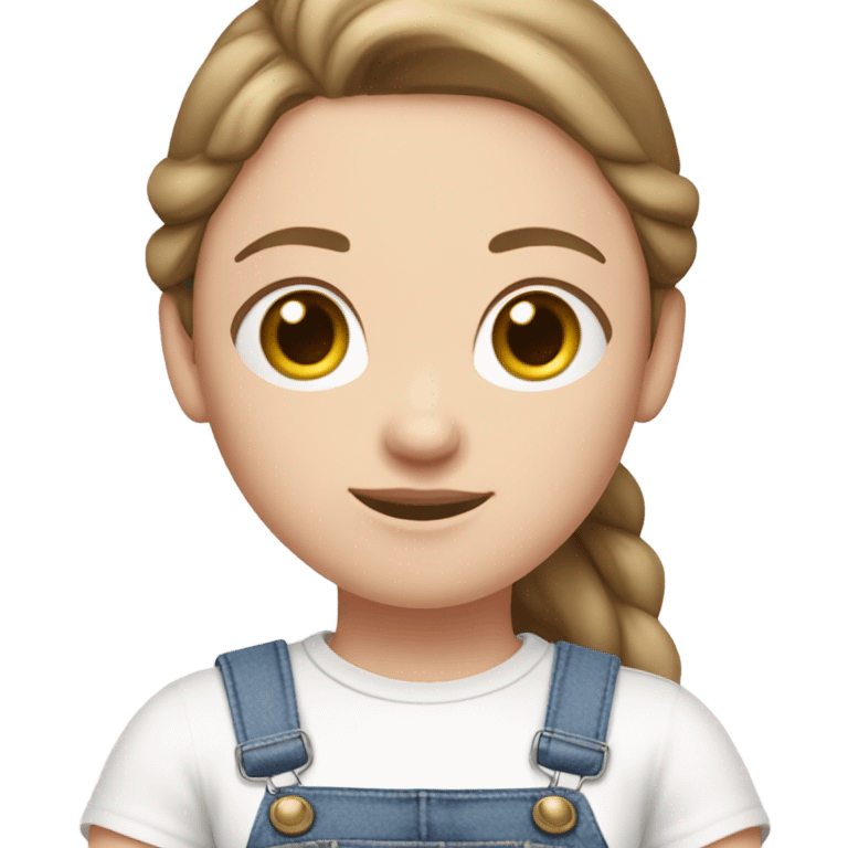 A pale skin white woman with brown hair in pony tail wearing white headband, pink t shirt and overalls  emoji