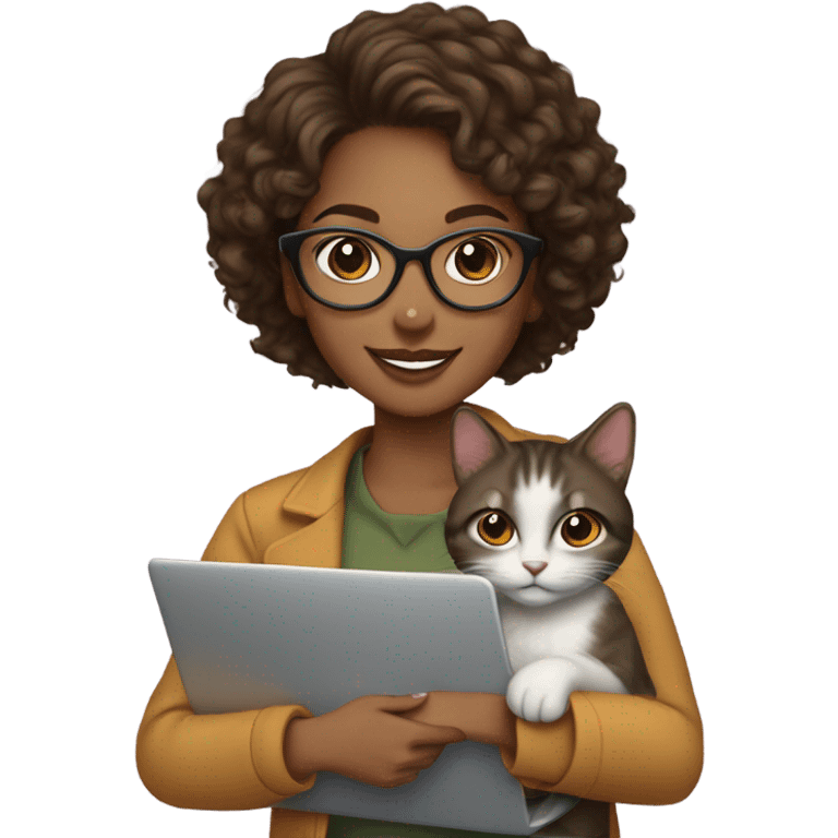 
"Young woman with medium brown skin tone, short curly hair, wearing glasses, with a friendly smile, holding a laptop in one hand and a cat in the other." emoji