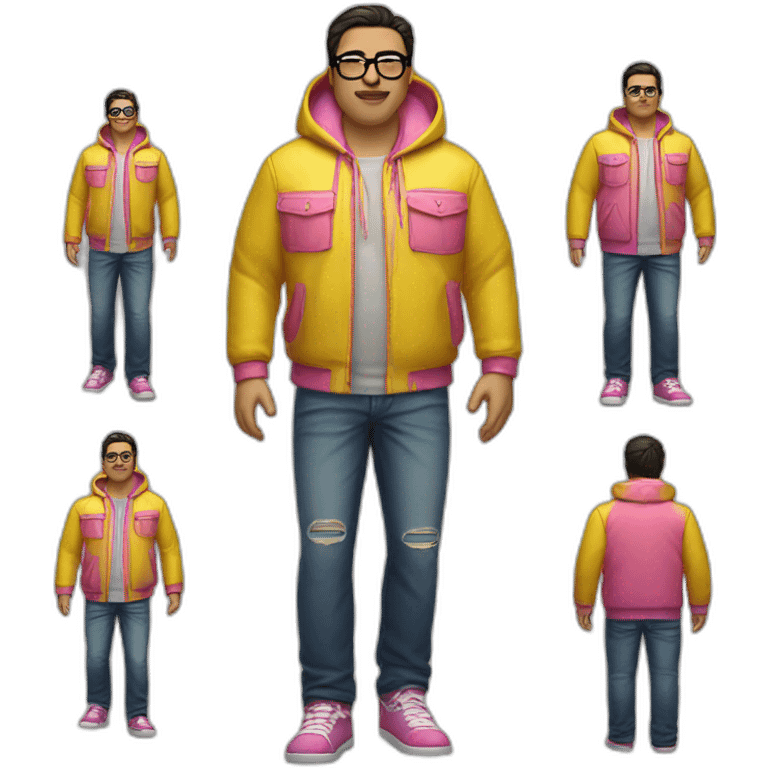 fat man with dark hair,a vibrant long yellow jacket, pink glasses, short jeans shorts. Show full lenght peson emoji