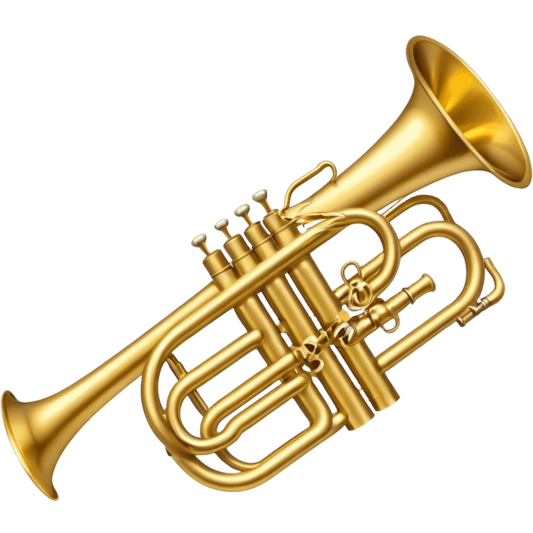 Create a sleek and polished emoji representing the Brahner trumpet. The design should feature the shiny brass body of the trumpet, with its distinct bell shape and coiled tubing. Highlight the three smooth, finger-operated valves, and the mouthpiece at the top of the instrument. The finish of the trumpet should be a rich, golden brass tone with subtle reflections, giving it a polished and professional appearance. Add musical notes or soundwaves around the bell of the trumpet to evoke its bold and brassy sound. Use golden, brass, and silver tones to emphasize the vibrant, high-quality design of the trumpet. The background should be transparent. emoji