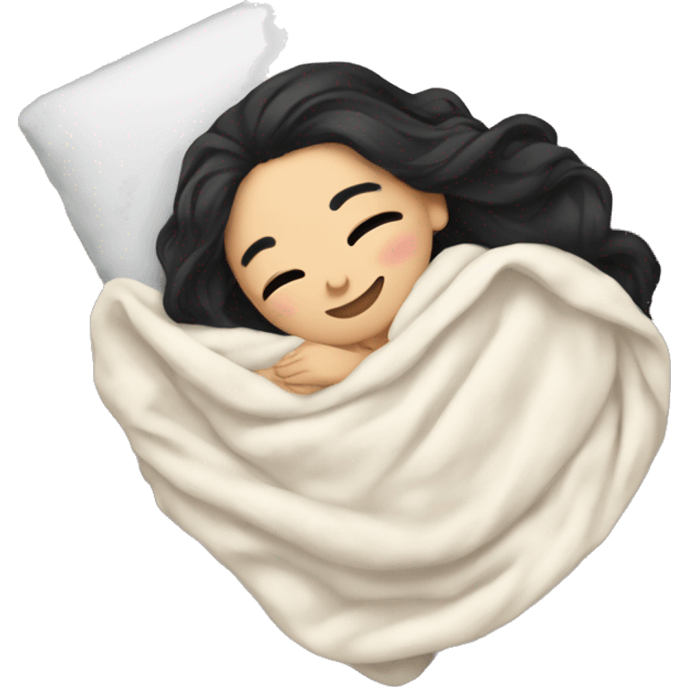 Pale Girl with black hair laying down cozy in a  blanket emoji