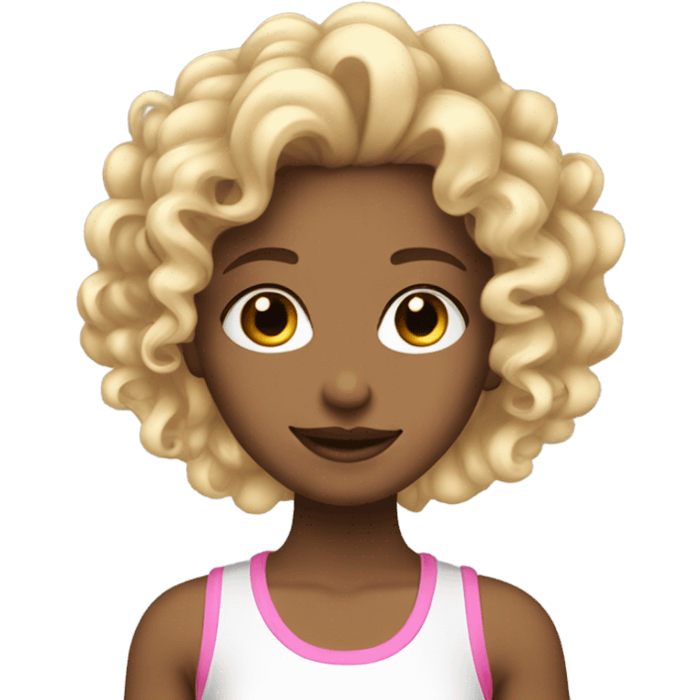 A girl with curly blonde hair with pink streaks in her hair wearing a white tank top ￼ emoji