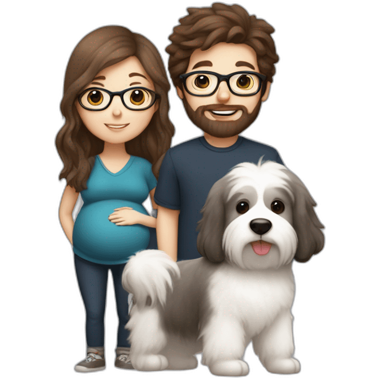 Pregnant girl with half long brown hair with glasses, a boy with long beard, glasses and short hair and english sheepdog emoji