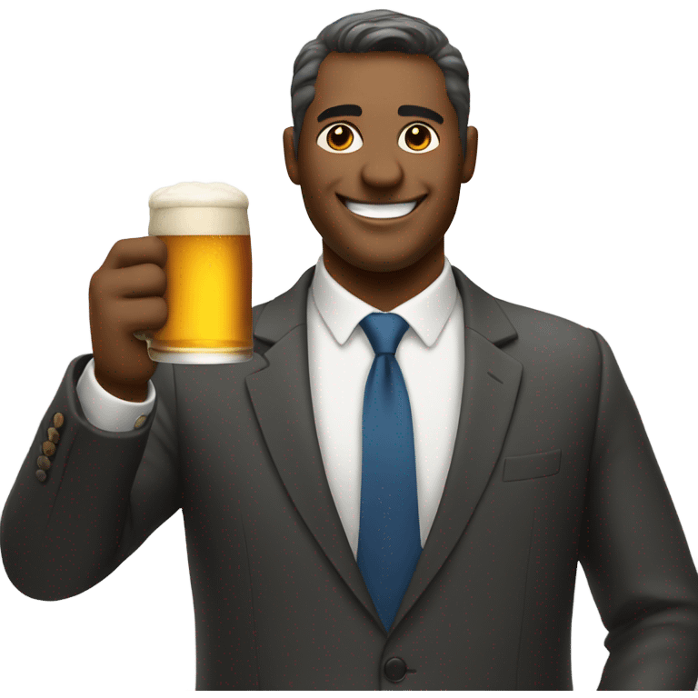 smiling man in formal attire holding a beer emoji