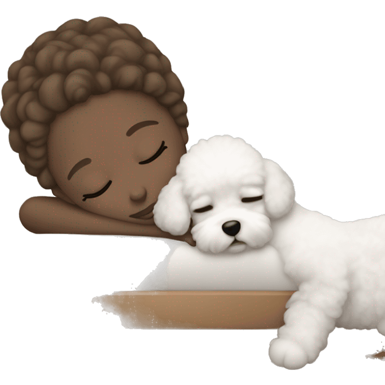 White girl brown hair sleeping with Mini Bichon emoji