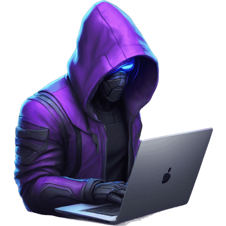 Side view developer behind his laptop with this style : crysis Cyberpunk Valorant neon glowing bright purple character purple violet black hooded assassin themed character emoji