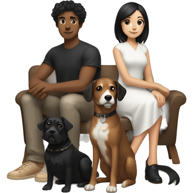 girl with white skin and black hair sitting next to a man with tan skin and black hair, a black and white dog sitting next to them and also a brown dog sitting next to them  emoji