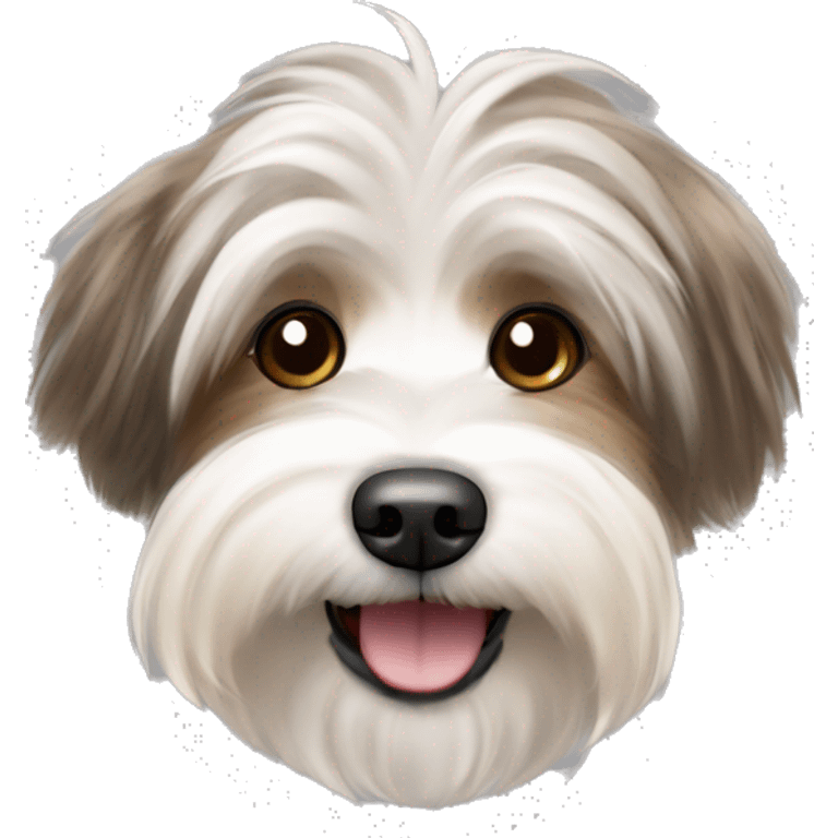 Havanese dog with ash brown and blonde streaks in the fur woth a happy expression emoji