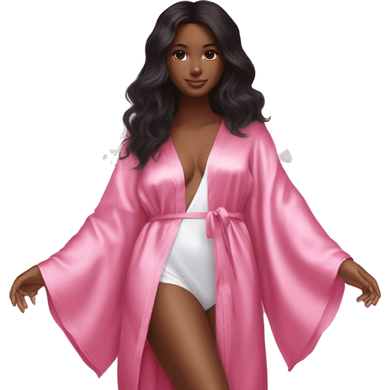 Black hair brown skin Victoria secret angel in pink silk robe with white angel wings emoji