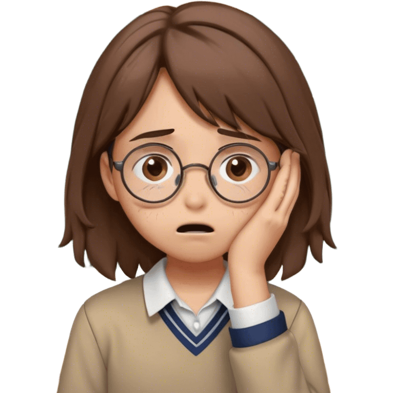 Create an emoji depicting a student who is crying. The student has round glasses, messy brown hair, and is wearing a casual school uniform. Tears are streaming down their face, and they have a sad expression, with their hands covering their face in frustration. The background is a simple classroom setting with a chalkboard behind them, conveying the emotional weight of a stressful school situation. emoji