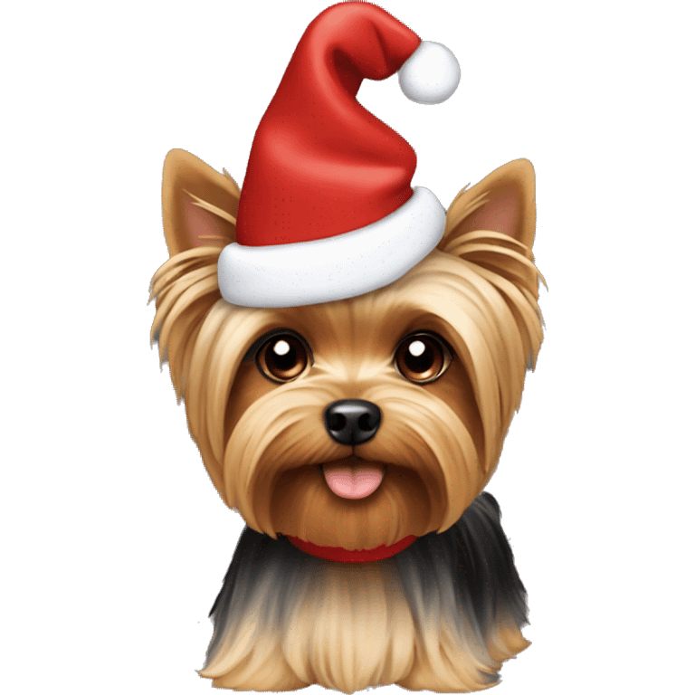 A yorkie wearing a Christmas hat emoji