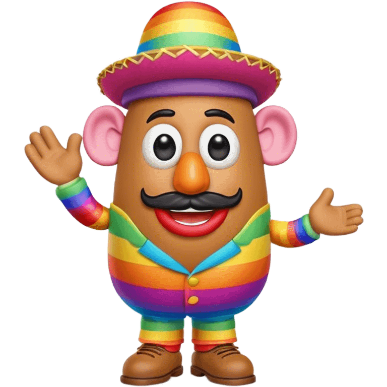 Create a 3D Pixar-style Mr. Potato Head character with a rounded, slightly uneven shape, expressive eyes, a wide smile, and cartoonish limbs, dressed in a colorful rainbow suit with intricate embroidery and a vibrant colorful hat emoji