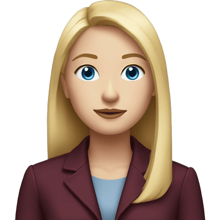 portrait of an adult girl, blue eyes, straight long bob blond hair, dark blue jacket suit, burgundy red shirt emoji