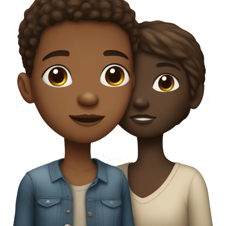 An African-American boy kissing a girl has white skin and straight and brown hair emoji