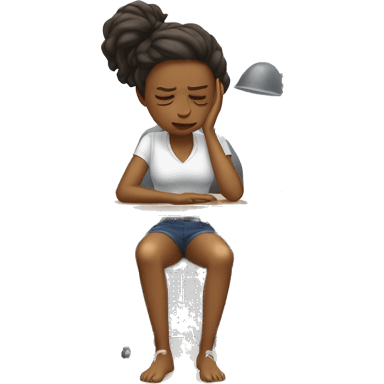 full body girl sitting at her desk with her hands on her head, she is visibly stressed from the computer in front of her emoji