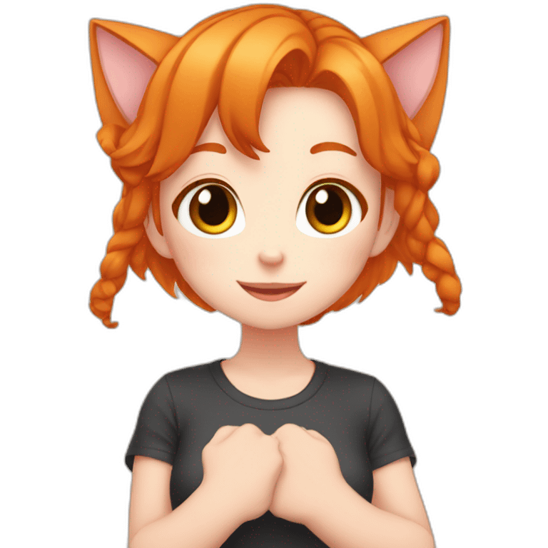 Ginger anime girl making heart with fingers has cat ears emoji