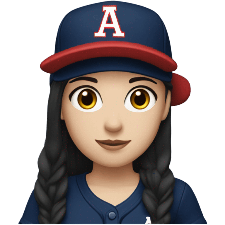 A  white girl with black long hair and wearing navy ballcap emblazoned with a red G initial and wearing baseball uniform emoji