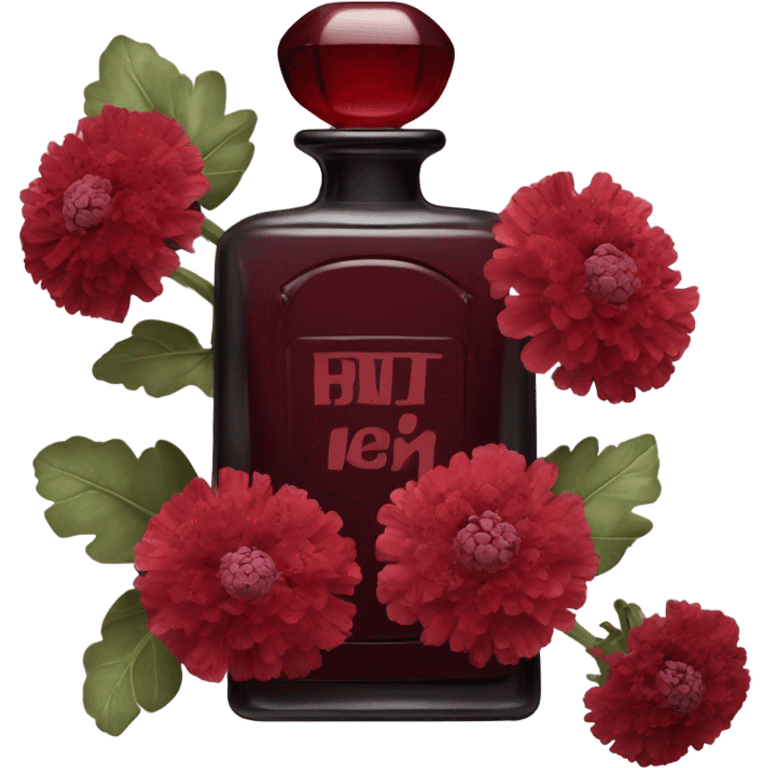 Dark red vintage French style perfume bottle with red scabiosa flowers emoji