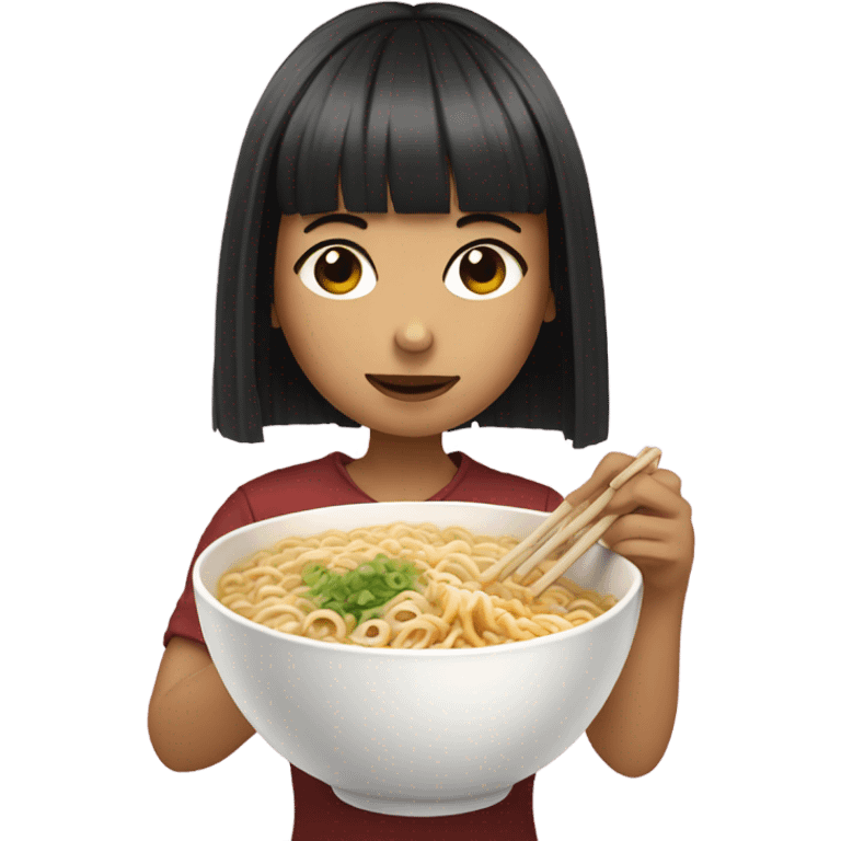 Girl with bangs eating ramen noodles emoji