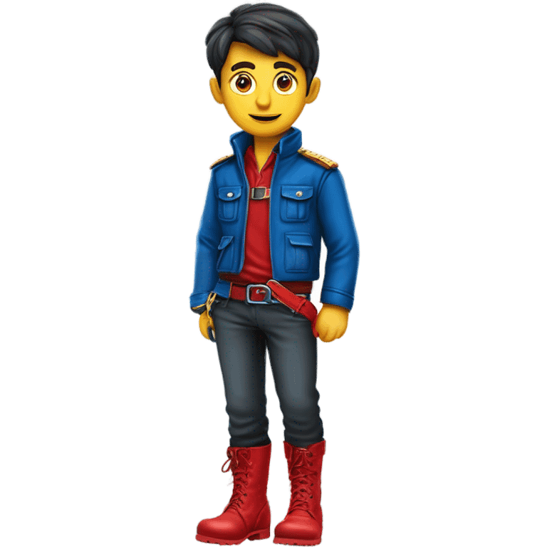 Garçon aux yeux bleus portant une veste en cuir rouge avec ceinture, pantalon en ￼cuir rouge, une ceinture rouge, des boots rouges,￼￼ emoji