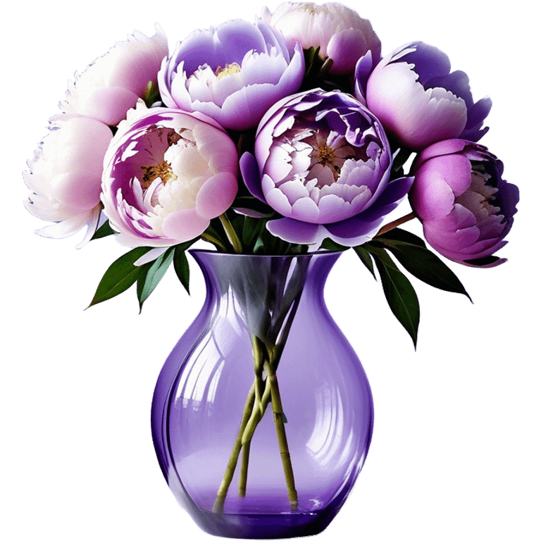 "A stylized bouquet of peonies in soft shades of light purple, pastel lilac, and icy lavender, arranged in a semi-transparent violet glass vase with exaggerated curves. The petals have a flowing, almost watercolor-like texture, blending seamlessly into each other. A wide, silky ribbon in a matching pastel purple hue wraps around the vase, with elegantly elongated ends that twist and curl in the air."
 emoji