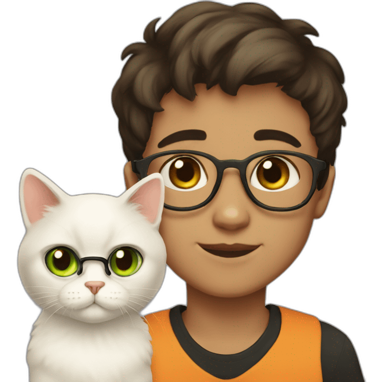 Boy with green eyes, glasses, with black short hair, with orange Persian cat emoji