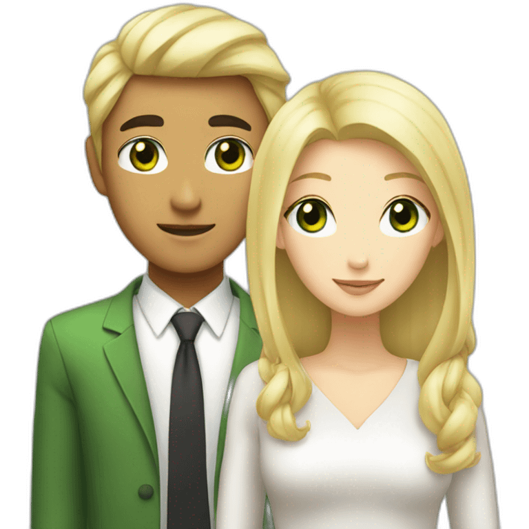 A couple of an Asian man and a blond girl with green eye emoji