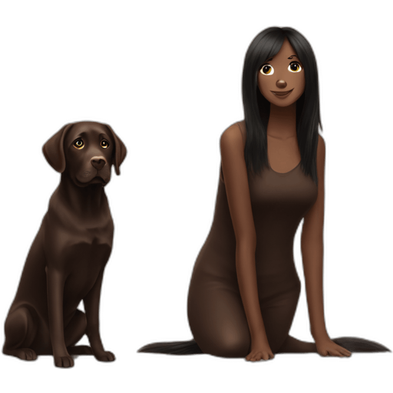 Chocolate labrador playing with long black haired fringe woman emoji