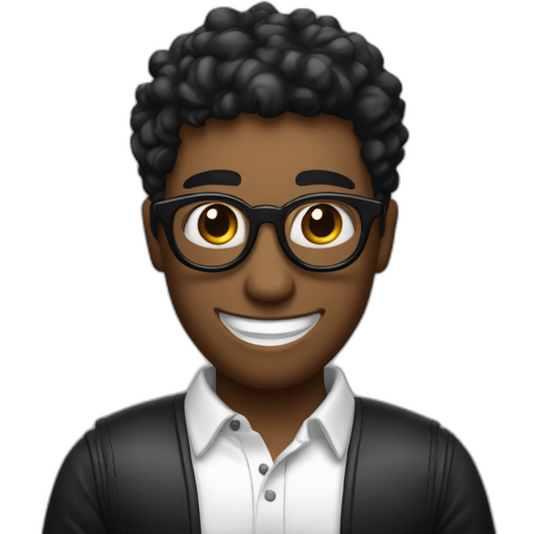 un chico con pelo negro con lentes negros y sonriendo que lleve un polo blanco y una chauqeta de color negro  emoji