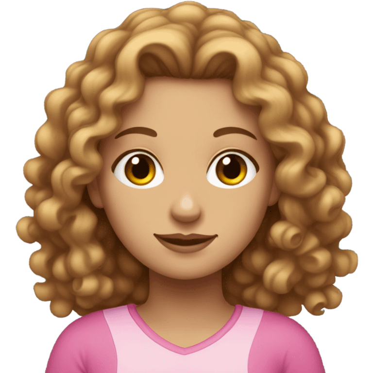 tanned white girl with brown curly hair wearing pink emoji